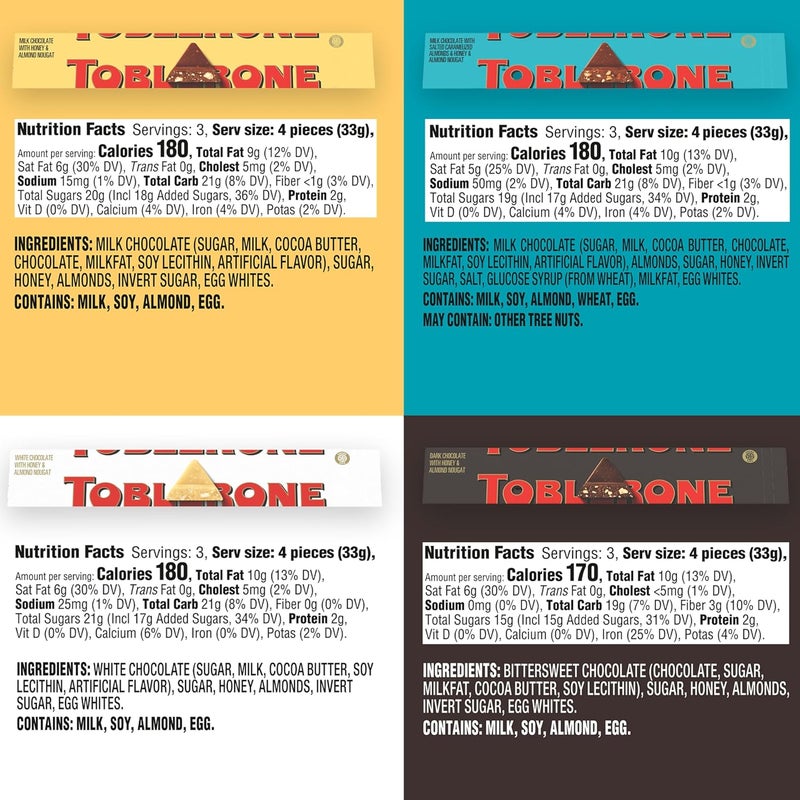 Toblerone طقم بار الشوكولاتة المتنوعة توبليرون (حليب، داكن، أبيض، ولوز مكرمل بالملح)، 12 - 3.52 أونصة بار - Image 2